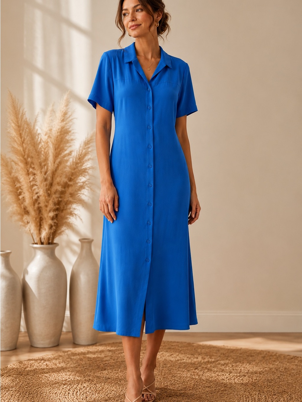 True Vintage Cobalt Blue Shirt Dress Button Front Midi Tie Back USA Petite 8P